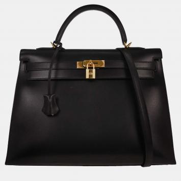Pre Owned Hermes Black Box Calf Kelly 35 Sellier 2way Handbag
