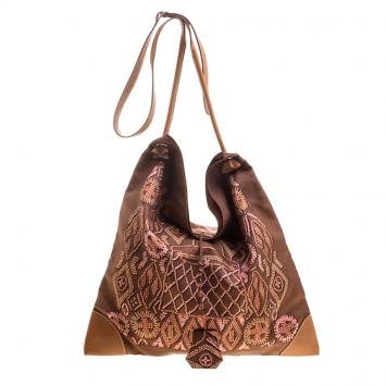 Pre Owned Hermes Brown Printed Kelly En Perles Silk and Swift Leather Silky City Bag
