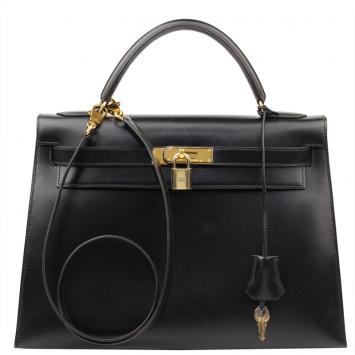 Pre Owned Hermes Noir Box Calf Leather Gold Hardware Kelly Sellier 32 Bag