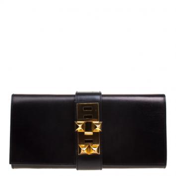 Pre Owned Hermes Metallic Black Box Leather Medor 29 Clutch
