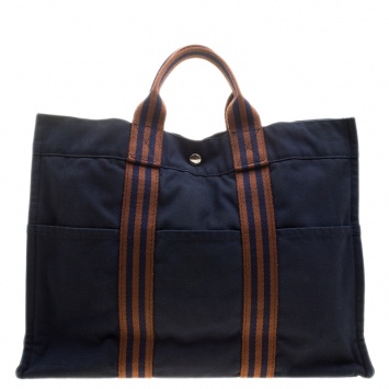 Pre Owned Hermes Navy Blue Canvas Fourre Tout Tote