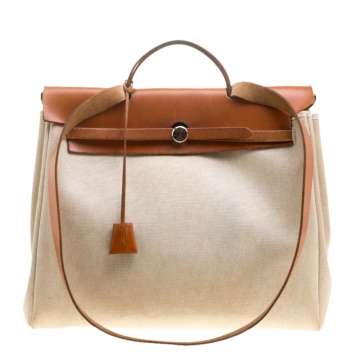 Pre Owned Hermes Tan/Beige Canvas and Leather Herbag 35 Bag