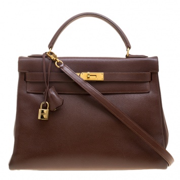 Pre Owned Hermes Brulee Veau Grain Lisse Leather Gold Hardware Kelly Retourne 32 Bag