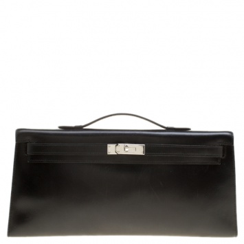 Pre Owned Hermes Black Box Calf Leather Palladium Hardware Kelly Longue Clutch 34cm
