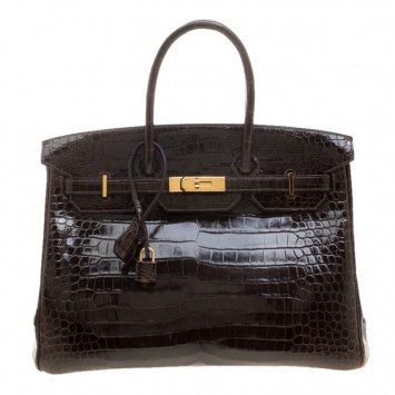 Pre Owned Hermes Dark Marron Porosus Crocodile Gold Hardware Birkin 35