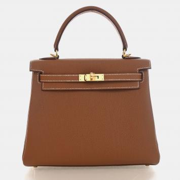Pre Owned Hermes Kelly Retourne 25 Gold Togo Calfskin Leather Top Handle Bag