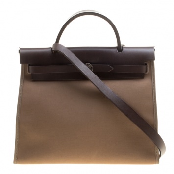 Pre Owned Hermes Dark Taupe/Dark Brown Fabric and Leather Herbag Zip 31 Bag