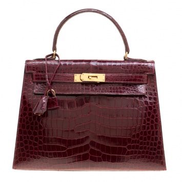 Pre Owned Hermes Burgundy Crocodile Gold Hardware Kelly Sellier 28 Bag