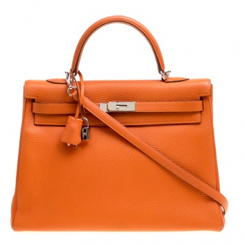 Pre Owned Hermes Orange Togo Leather Palladium Hardware Kelly Retourne 35 Bag