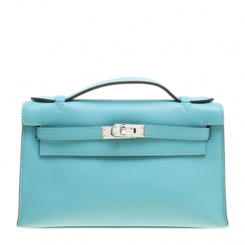 Pre Owned Hermes Teal Blue Swift Leather Palladium Hardware Kelly Pochette