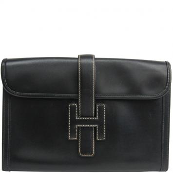 Pre Owned Hermes  Black Box Calf Leather Jige PM Clutch Bag