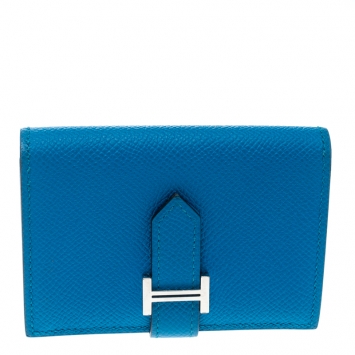 Pre Owned Hermes Teal Blue Epsom Leather Bearn Card Holder