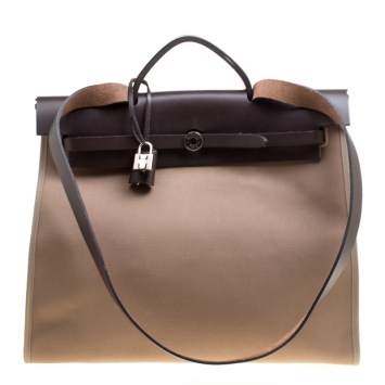 Pre Owned Hermes Taupe Canvas and Leather Herbag Zip 39 Bag