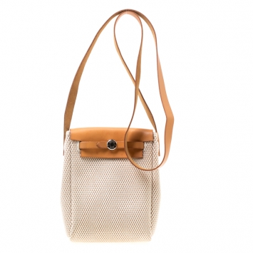 Pre Owned Hermes Natural/Beige and Black Canvas and Leather Mini Herbag 