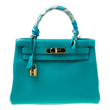 Pre Owned Hermes Blue Paon Clemence Leather Gold Hardware Kelly Retourne 28 Bag