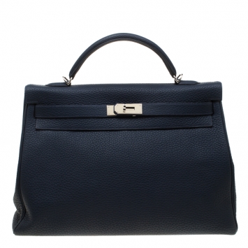 Pre Owned Hermes Bleu Obscur Clemence Leather Palladium Hardware Kelly Retourne 40 Bag