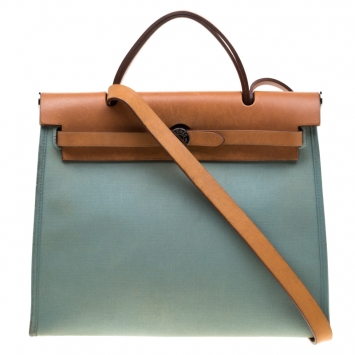 Pre Owned Hermes Light Blue/Brown Canvas and Leather Herbag Zip 31 Bag