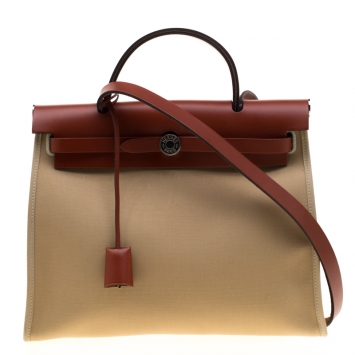 Pre Owned Hermes Trench/Copper Canvas and Leather Herbag Zip 31 Bag