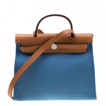 Pre Owned Hermes Blue/Brown Canvas and Leather Herbag Zip 31 Bag