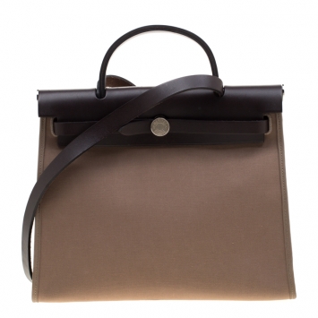 Pre Owned Hermes Dark Taupe/Dark Brown Fabric and Leather Herbag Zip 31 Bag