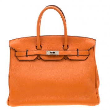 Pre Owned Hermes Orange Togo Leather Palladium Hardware Birkin 35 Bag