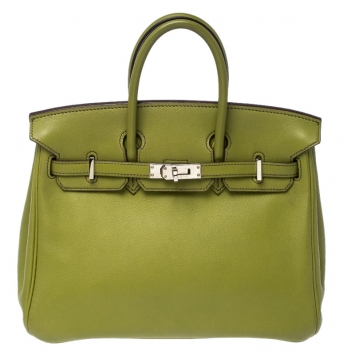 Pre Owned Hermes Apple Green Swift Leather Palladium Plated Birkin 25 Bag