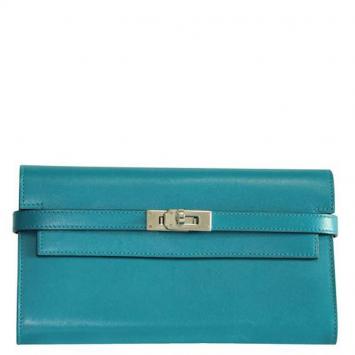 Pre Owned Hermes Blue Leather Classic Kelly Wallet 