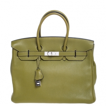 Pre Owned Hermes Anis Green Clemence Leather Palladium Hardware Birkin 35 Bag