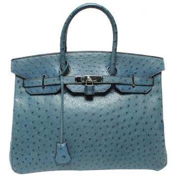 Pre Owned Hermes Blue Ostrich Leather Palladium Hardware Birkin 35 Bag