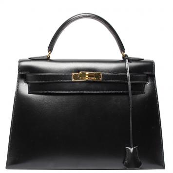 Pre Owned Hermes Black Box Calf Leather Gold Hardware Kelly 32 Bag