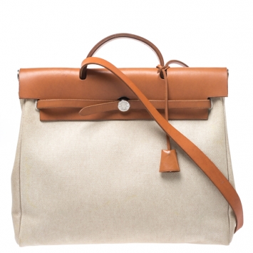 Pre Owned Hermes Beige/Natural Brown Canvas and Leather Herbag 39 bag