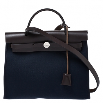 Pre Owned Hermes Blue Encre/Cacao Canvas and Leather Herbag Zip 31 Bag