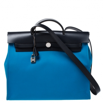 Pre Owned Hermes Blue Indigo/Blue Zanzibar Canvas and Leather Herbag Zip 39 Bag