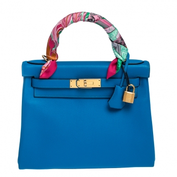 Pre Owned Hermes Blue Hydra Evercolor Leather Gold Hardware Kelly Retourne 28 Bag
