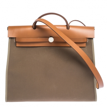 Pre Owned Hermes Natural/Khaki Canvas and Leather Herbag Zip 39 Bag