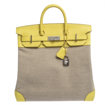 Pre Owned Hermes Soufre/Beige Canvas and Leather Palladium Hardware HAC Birkin 40 Bag