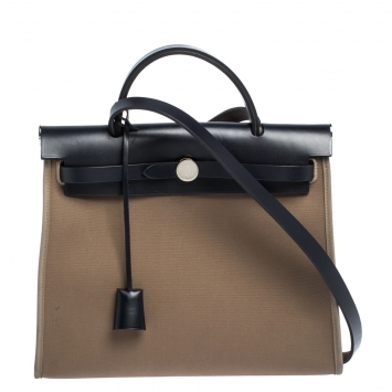 Pre Owned Hermes Blue Nuit/Khaki Canvas and Leather Herbag Zip 31 Bag