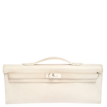 Pre Owned Hermes White Swift Leather Palladium Hardware Kelly Cut Clutch
