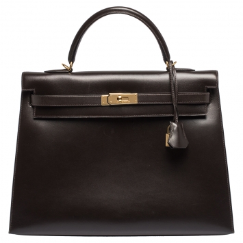 Pre Owned Hermes Cacao Box Calf Leather Gold Hardware Kelly Sellier 35 Bag