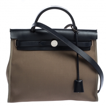 Pre Owned Hermès Bleu Indigo/Khaki Canvas and Leather Herbag Zip 31 Bag