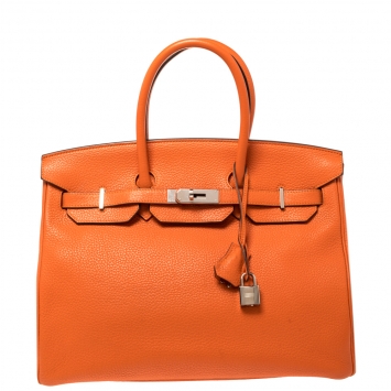 Pre Owned Hermes Orange Poppy Clemence Leather Palladium Hardware Birkin 35 Bag