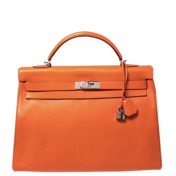 Pre Owned Hermes Orange Clemence Leather Palladium Hardware Kelly Retourne 40 Bag