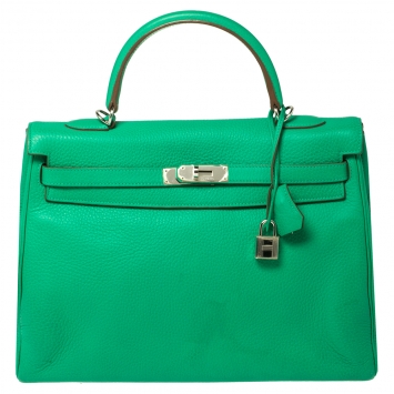 Pre Owned Hermes Menthe Taurillon Clemence Leather Palladium Finished Kelly Retourne 35 Bag
