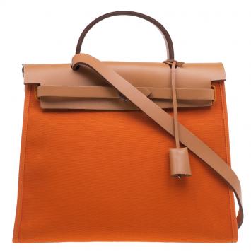 Pre Owned Hermes Brown/Orange Canvas and Leather Herbag Zip PM Bag