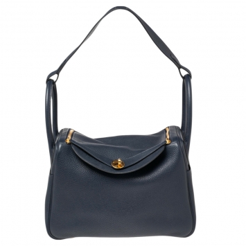 Pre Owned Hermes Blue Nuit Taurillon Clemence Gold Finish Lindy 30 Bag