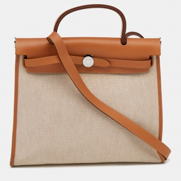Pre Owned Hermes Naturel Vache Hunter Leather And Toile Canvas Herbag Zip 31 Bag