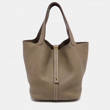 Pre Owned Hermes Taupe Clemence Leather Gold Finish Picotin Lock 22 Bag