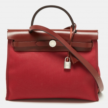 Pre Owned Hermès  Rouge Grenat/Rouge H Canvas and Leather Herbag Zip 31 Bag