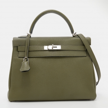 Pre Owned Hermes Vert Veronese Togo Leather Palladium Finish Retourne Kelly 32 Bag