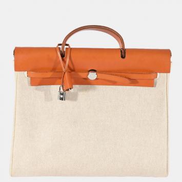 Pre Owned Hermes Ecru Toile & Natural Vache Hunter 2-in-1 Herbag 39 PHW